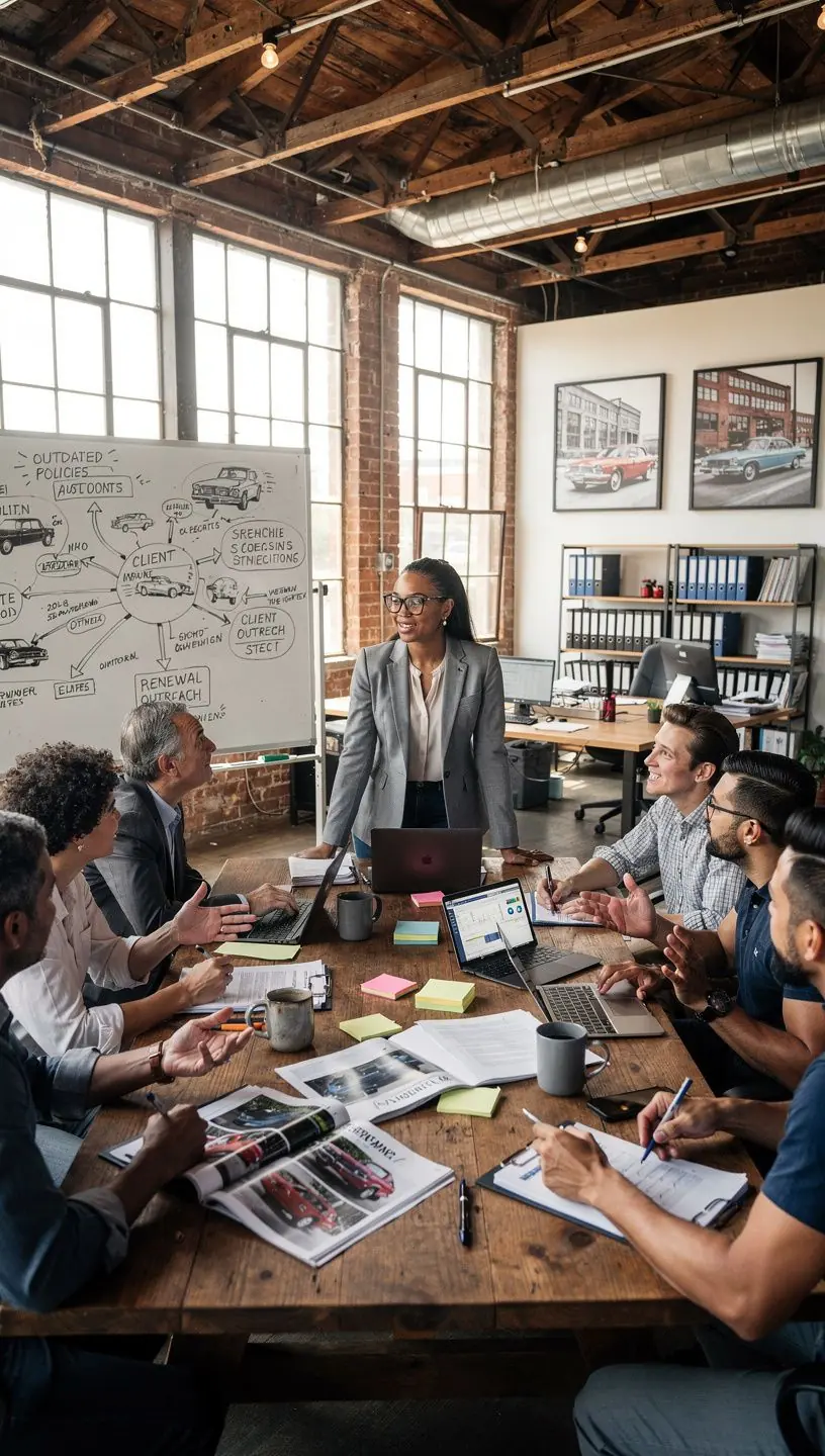 Pracownik przeglądający dokumenty dotyczące przestarzałych polis ubezpieczeniowych.