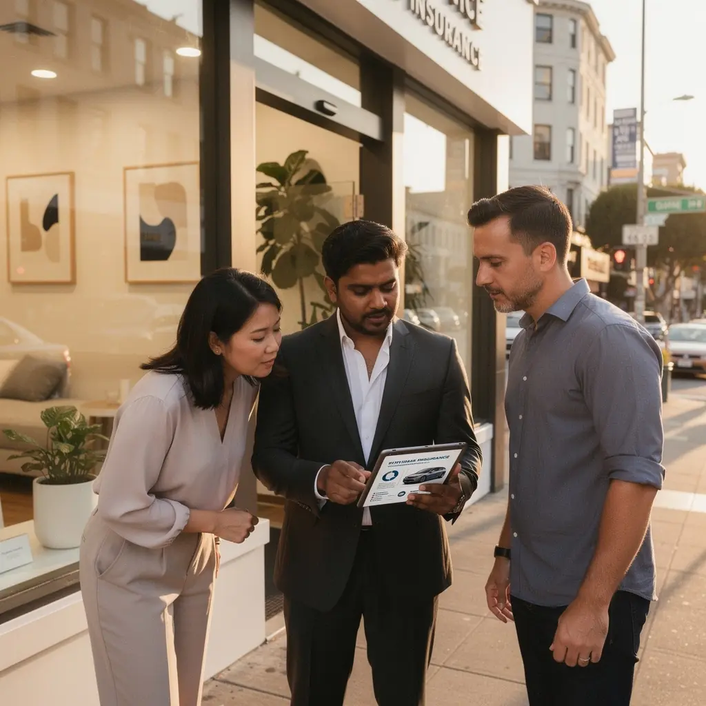 Zespół ekspertów doradza w zakresie ubezpieczeń samochodowych na tle biurka z dokumentami.