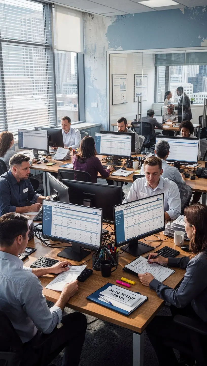 Stół doradczy z dokumentami dotyczącymi ubezpieczeń samochodowych.